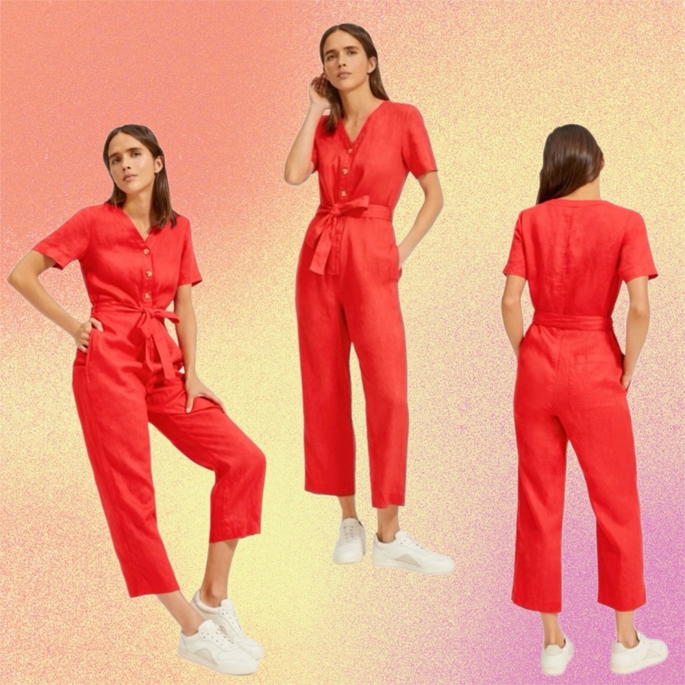 everlane • bright tomato red 100% linen jumpsuit boiler suit 12